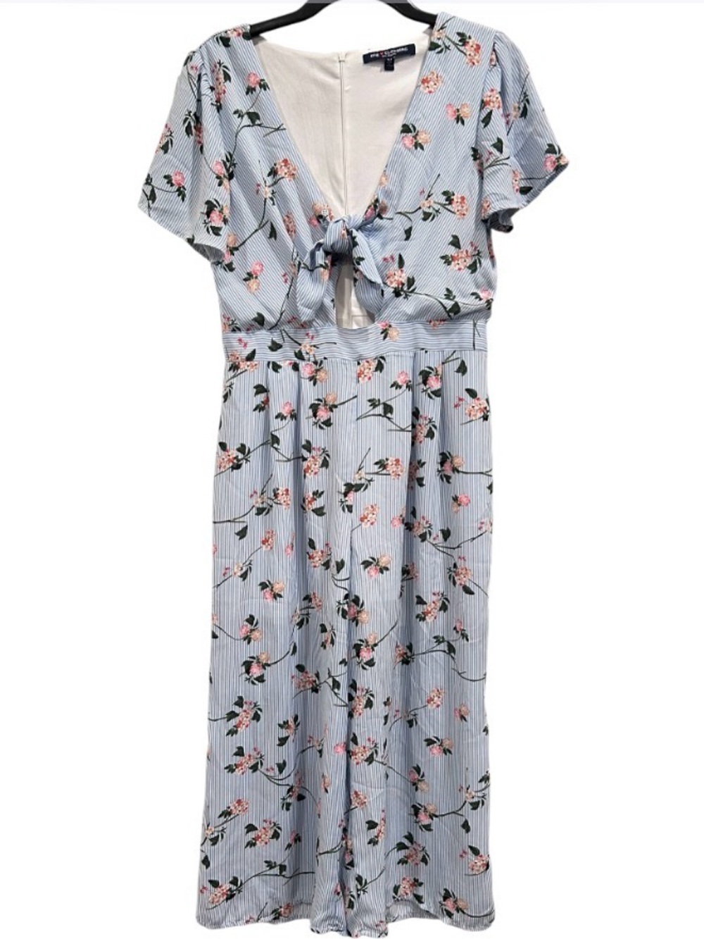 Light Blue Striped Midi Summer Wedding Guest Dress Floral Print and Front Tie